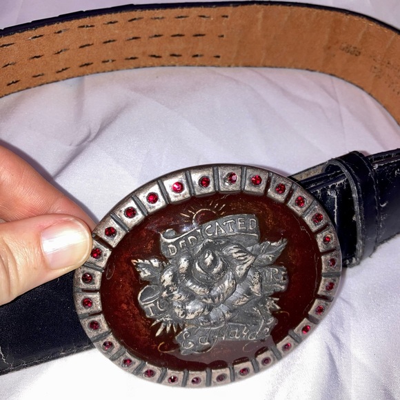 Vintage Ed Hardy Belt Studded Red Rhinestones Buckle - Picture 3 of 16